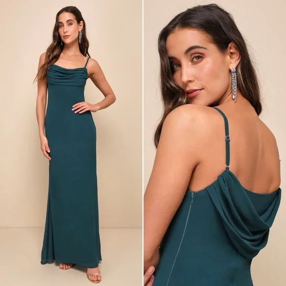 NWOT | Lulus | Captivated Emerald Green Cowl Neck Maxi Dress | Sz S - Picture 3 of 12
